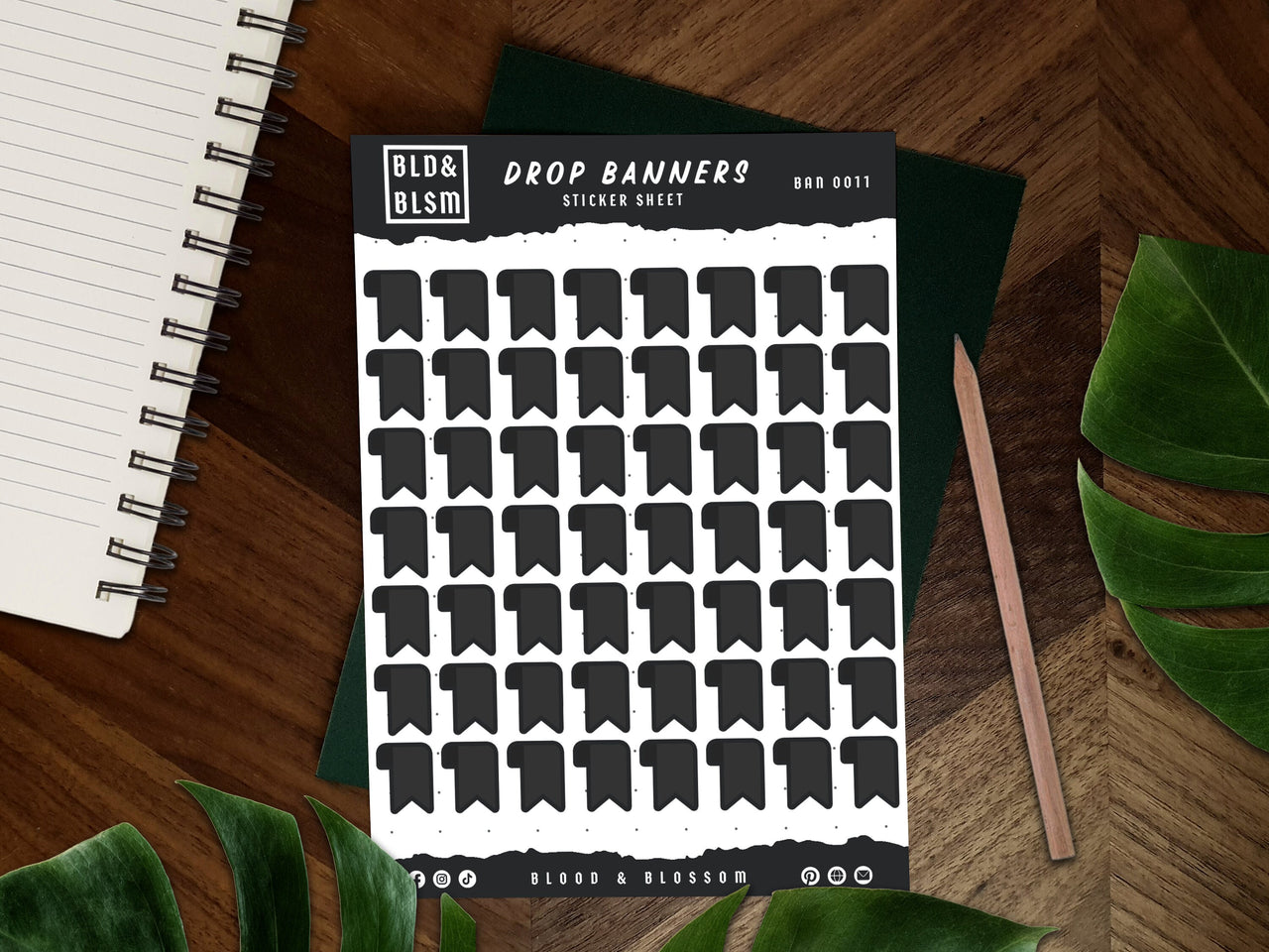 BloodAndBlossom - Drop Banner Sticker Sheet ~ Functional Stickers ~ Weekly Journaling Supplies Black Drop Banner Sticker Sheets