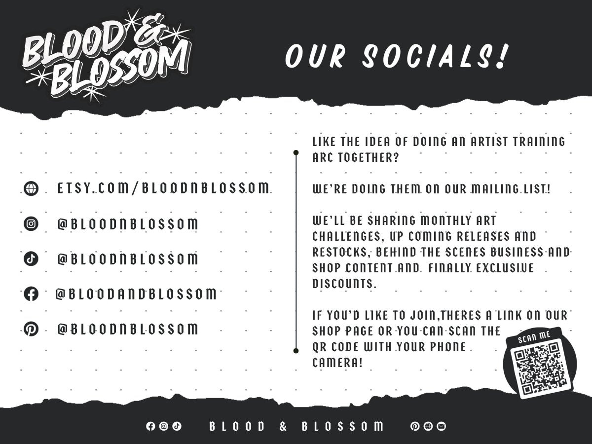 BloodAndBlossom - AOT Inspired Soldier Anime Mini Prints ~ 6X4 Mini Print Our Social Links - Etsy, Instgram, Tiktok, Facebook and Pinterest